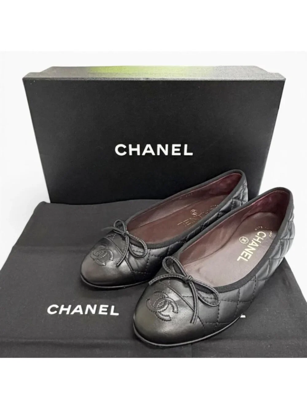 Chanel CC Logo Ribbon Quilted Leather Flat Pumps Black 35 Italian
